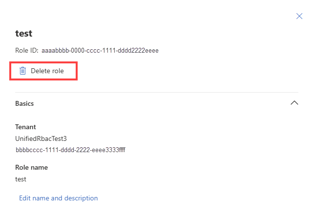 Screenshot highlighting the Delete option in the Edit role pane