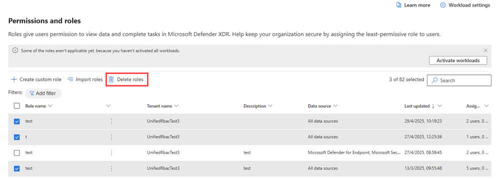 Screenshot highlighting multiple role selection for deletion