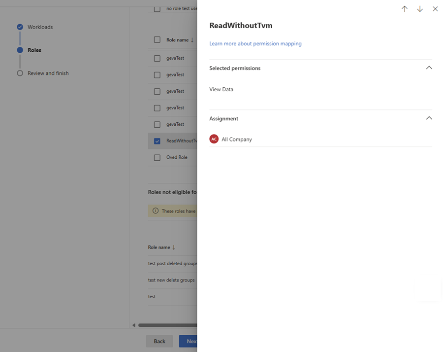 Screenshot of the role review pane in the Import role scenario