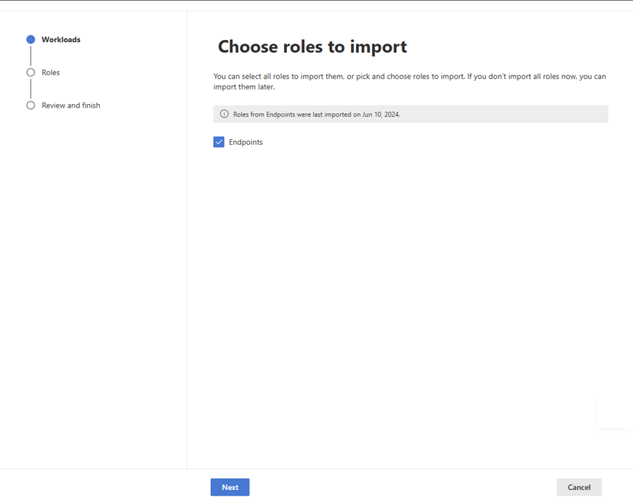 Screenshot of the Workloads page in the Import role scenario