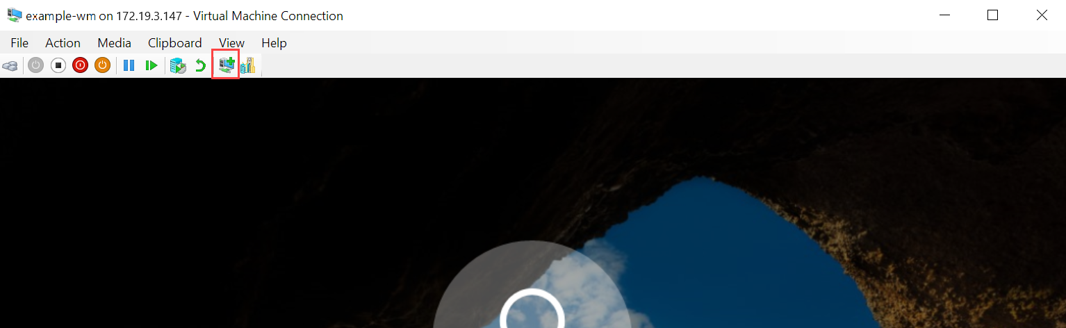 Screenshot of VMConnect. On the toolbar, an icon is highlighted that indicates whether enhanced session mode is turned on.