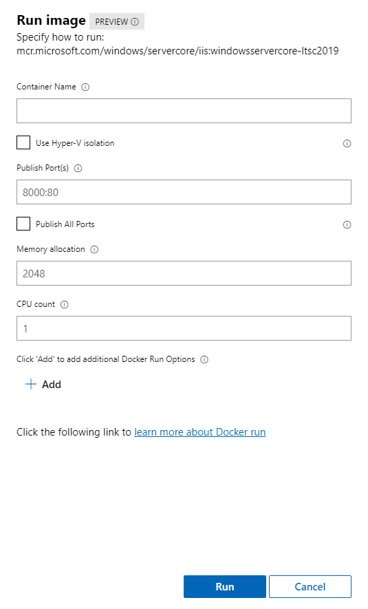 Screenshot of the Run image dialog, with fields for the container name and other information. An Add button is available for configuring options.