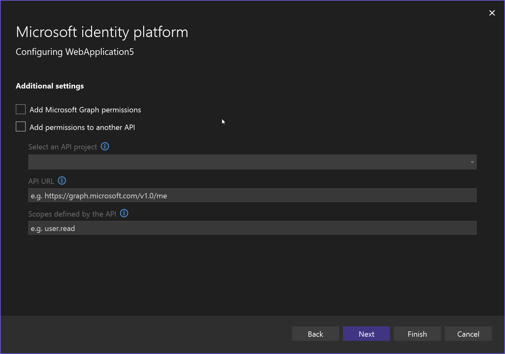 Screenshot of additional options for the application, including enable Microsoft Graph and allow API access.
