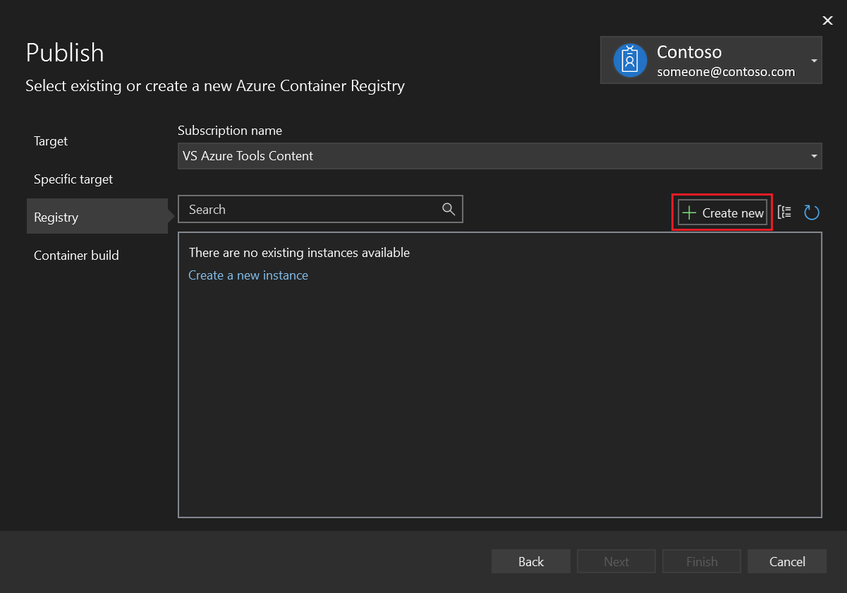 Screenshot of the Publish dialog that shows how to choose Create New Azure Container Registry.
