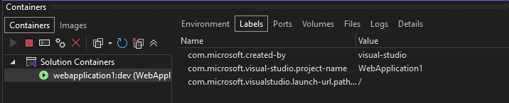 Screenshot of the Containers window in Visual Studio showing the Labels tab.