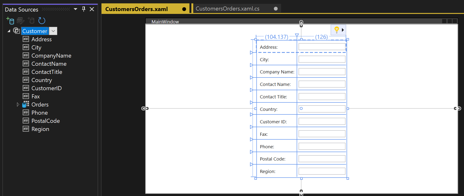 Screenshot that shows Customers data source binding to individual controls.