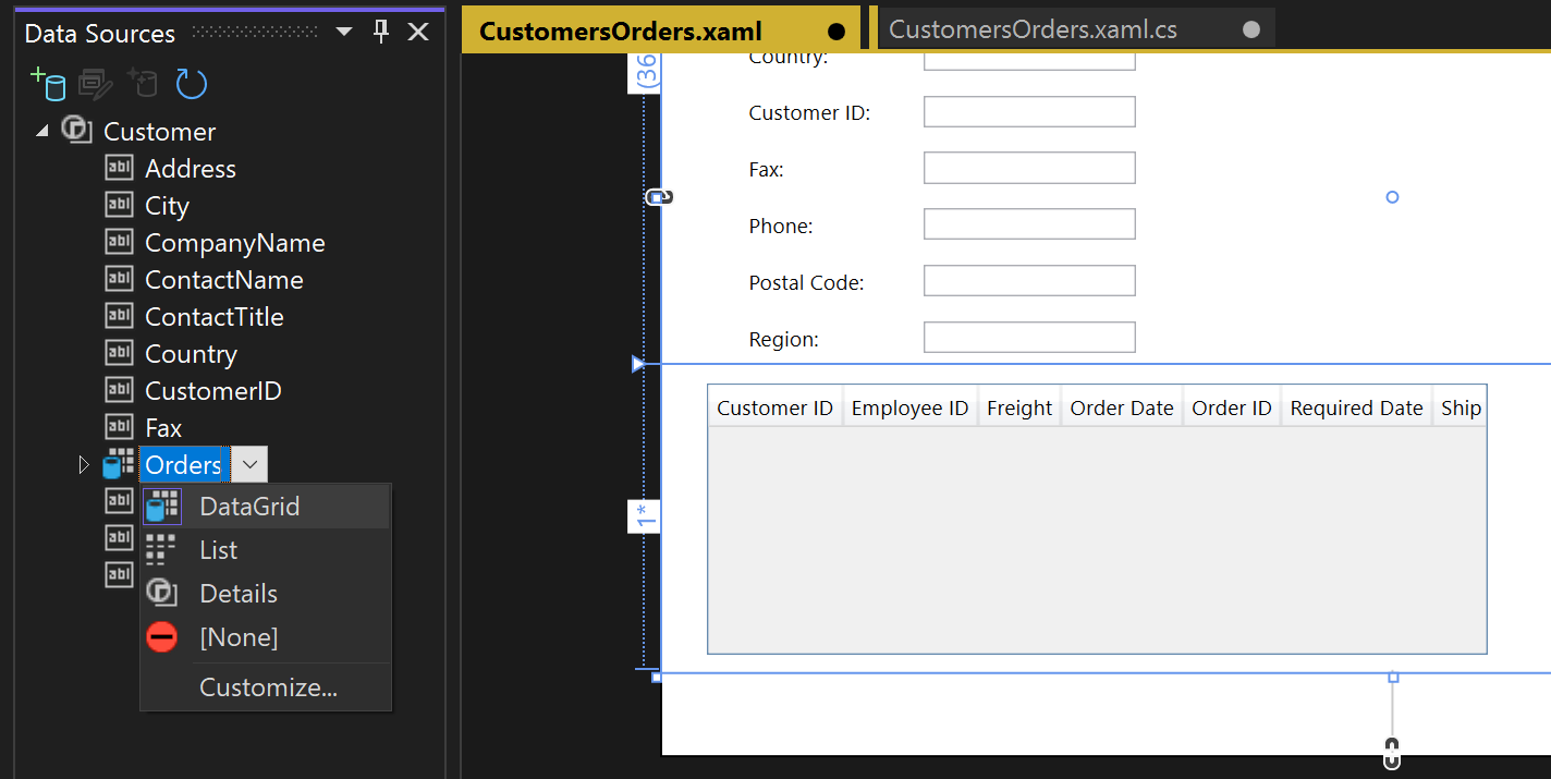Screenshot that shows the Orders classes dragged and dropped as a grid.