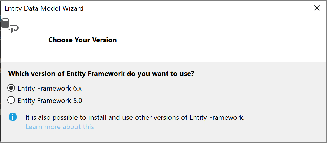 Screenshot that shows the version choices for Entity Framework.