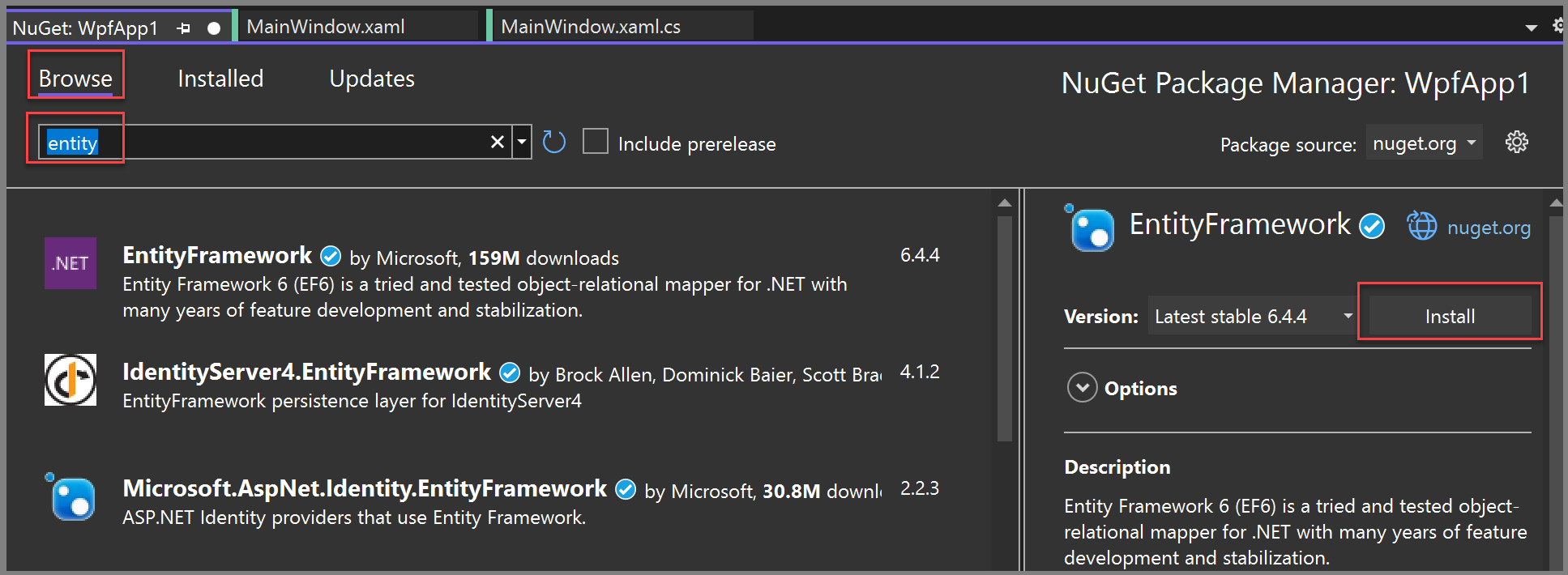 Screenshot that shows the Entity Framework NuGet Package.