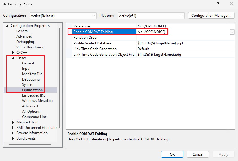 A screenshot that shows the Linker optimization project properties.