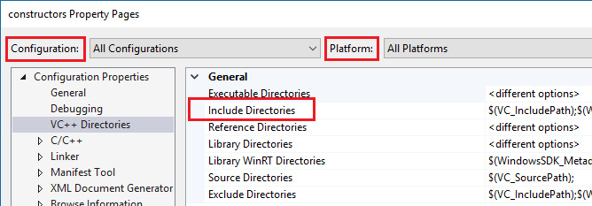 Screenshot that shows the Include Directories setting in the Configuration Properties section.