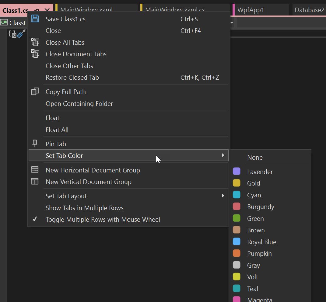 Screenshot of the Set Tab Color option that you can use to personalize the colors of tabs.