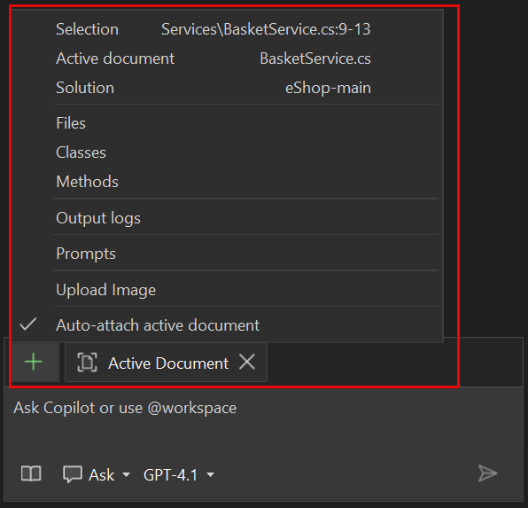 Screenshot of implicit context in Copilot Chat.