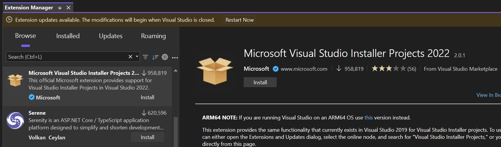 Screenshot showing how Visual Studio notifies you about extension updates that are available.