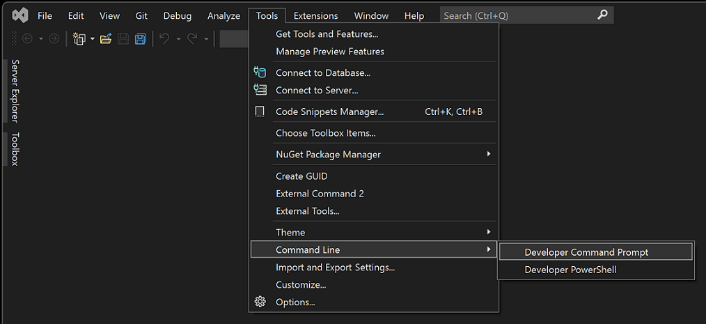 Screenshot of the Command Line menu in Visual Studio.