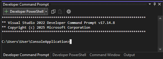 Screenshot of the Visual Studio terminal pane that shows multiple tabs.
