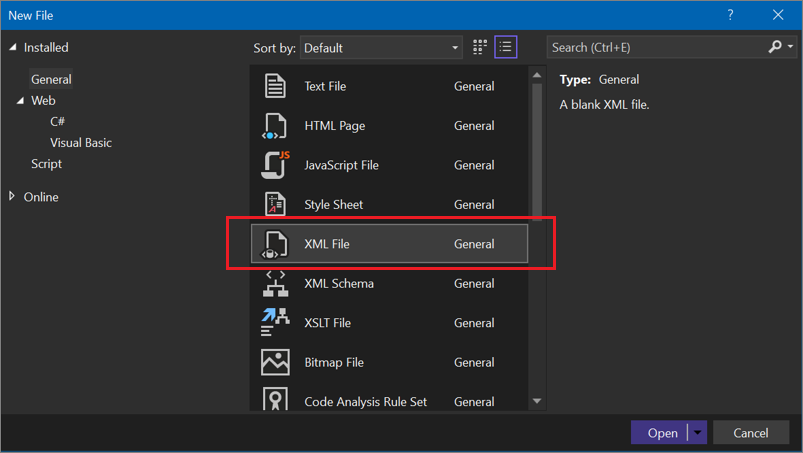 Screenshot of the New File dialog box with the XML File option selected.