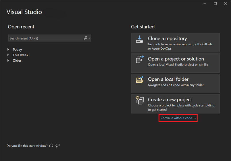 Screenshot of the Start window with the Continue without code option selected.