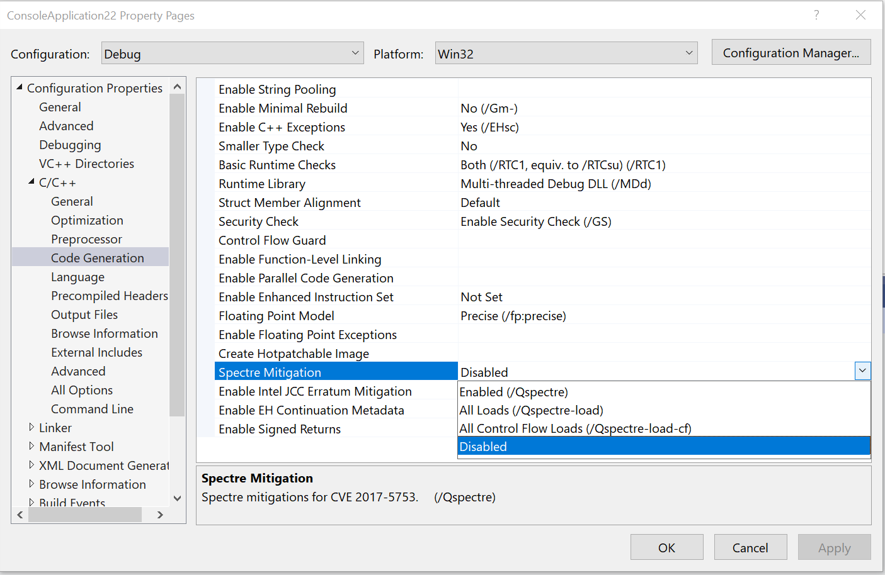 Screenshot that shows how to disable Spectre mitigations in Visual Studio.