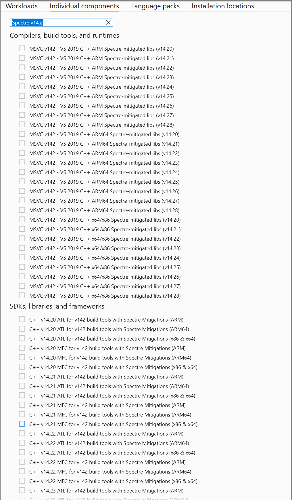 Screenshot that shows how to update the installation to include the Spectre mitigations library.