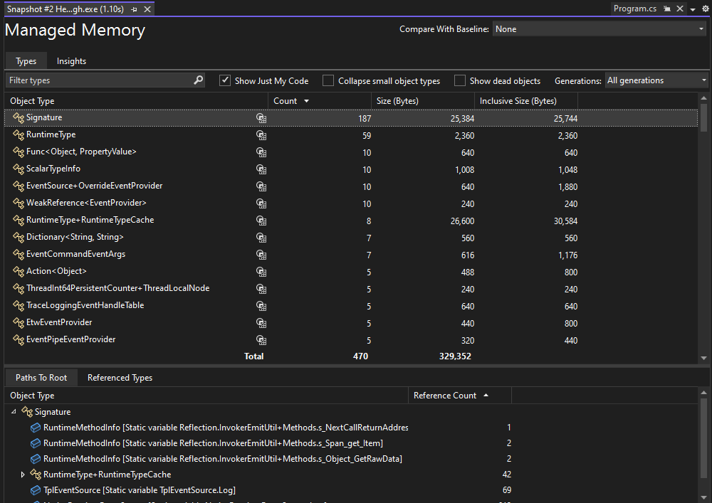 Screenshot of managed type report.
