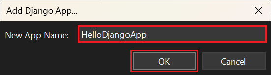 Screenshot that shows how to enter a name for the new Django app in Visual Studio.