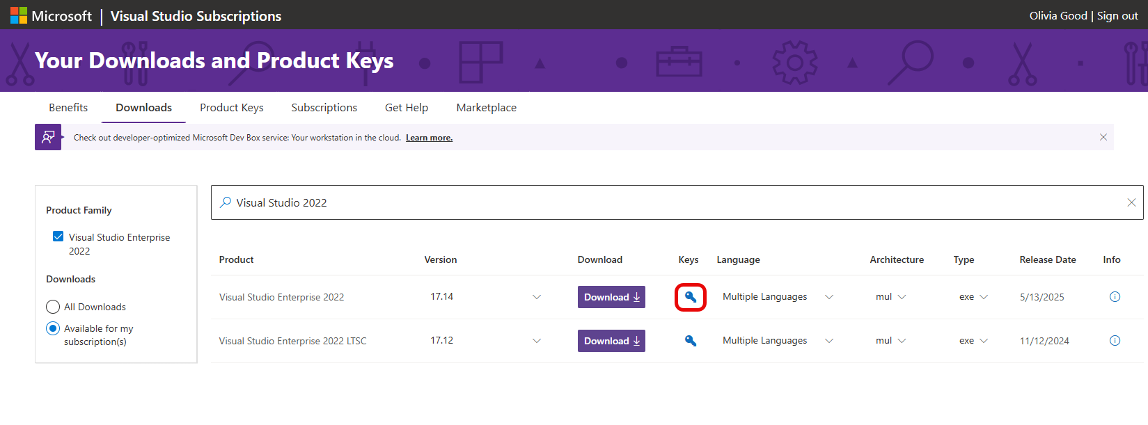 Get Key from Downloads Page