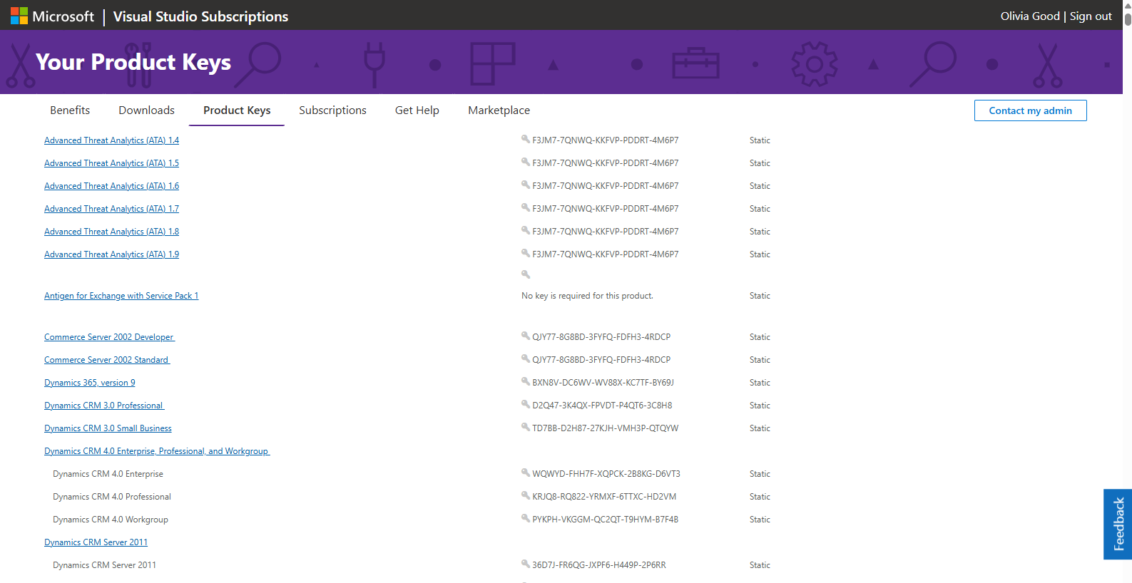 Product Keys Page