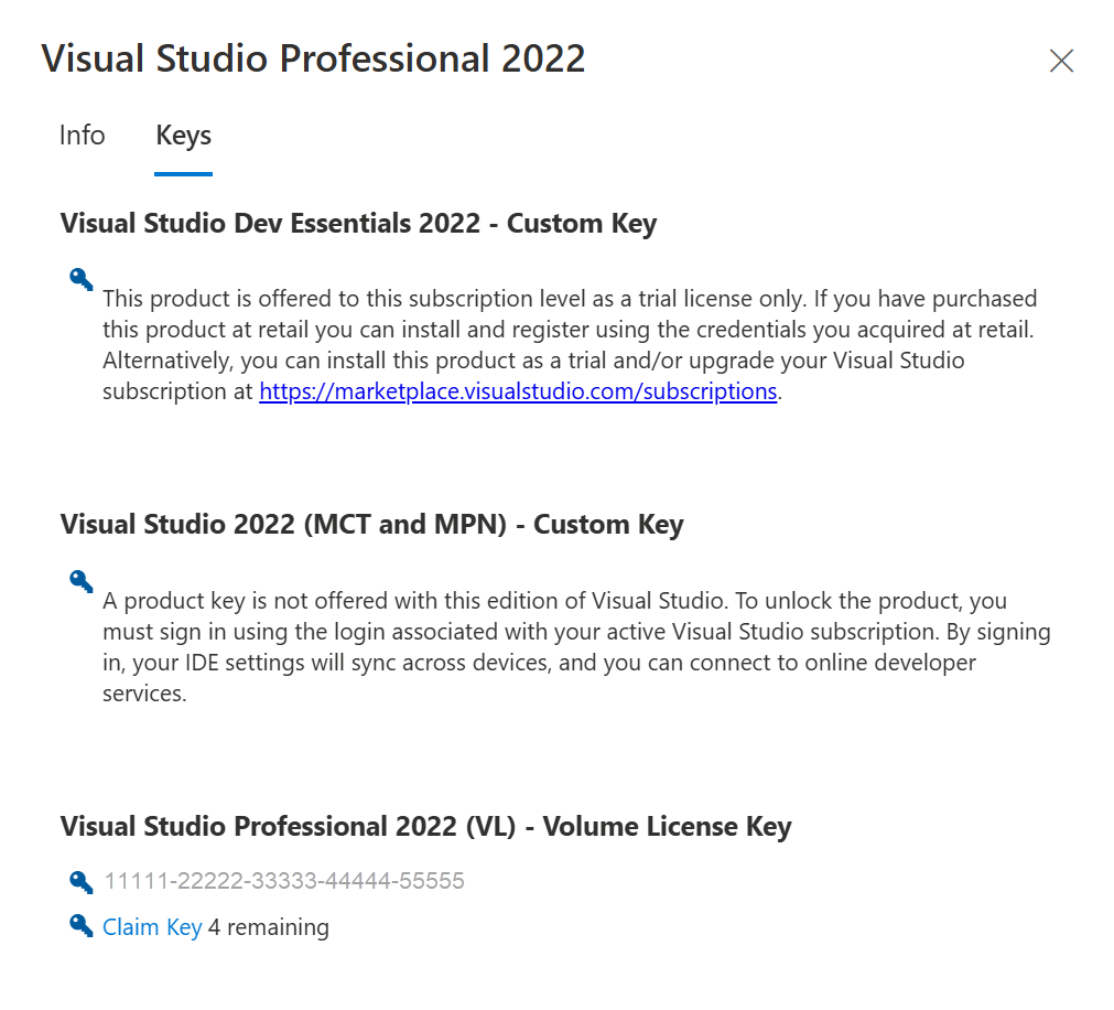 Visual Studio 2022 claim product keys