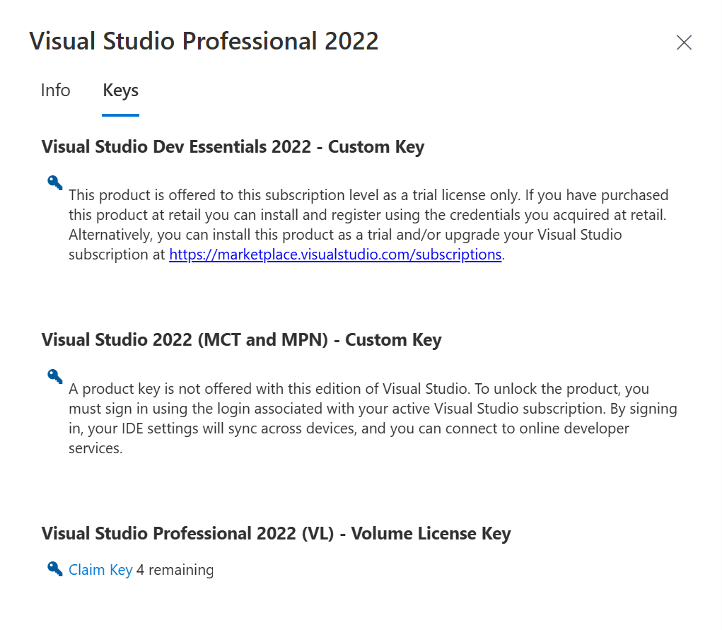 Visual Studio 2022 product keys