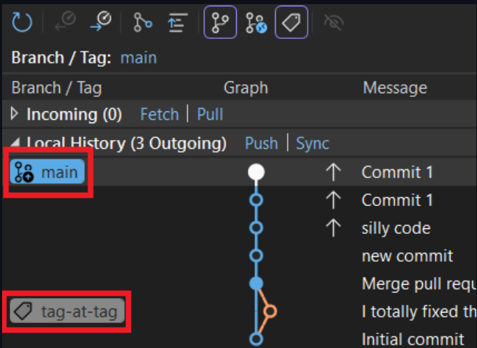 Screenshot showing indicator labels for branches and tags in the history view.