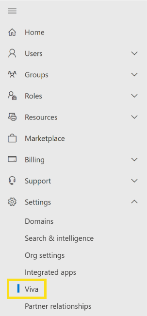Screenshot that shows where to access Viva in settings.