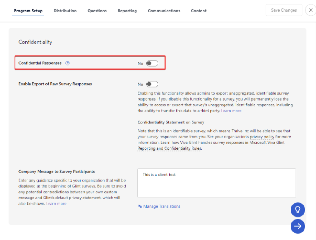 Screenshot of toggling Confidential Responses to NO.