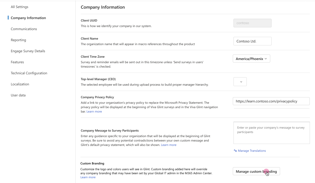 Screenshot of the Viva Glint custom branding management section in General Settings.