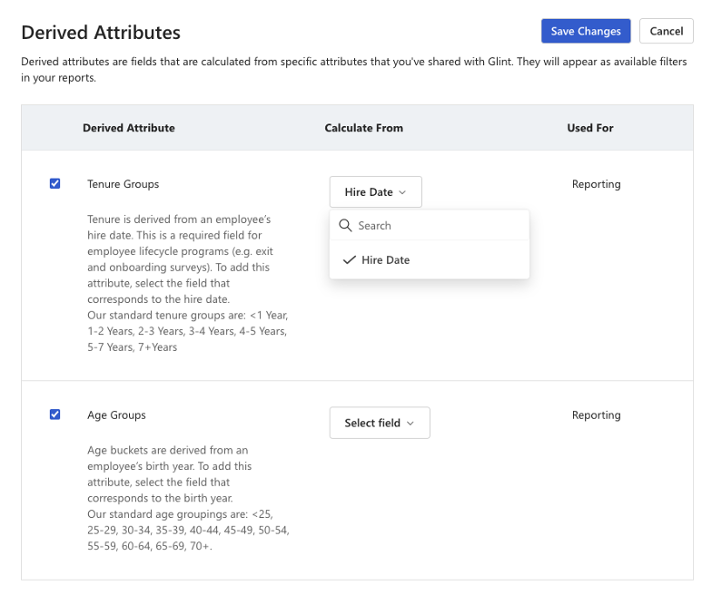 Screenshot of the Derived Attributes section after selecting Manage Derived Attributes.