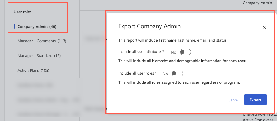 Screenshot of the Export Company Admin dialog box.