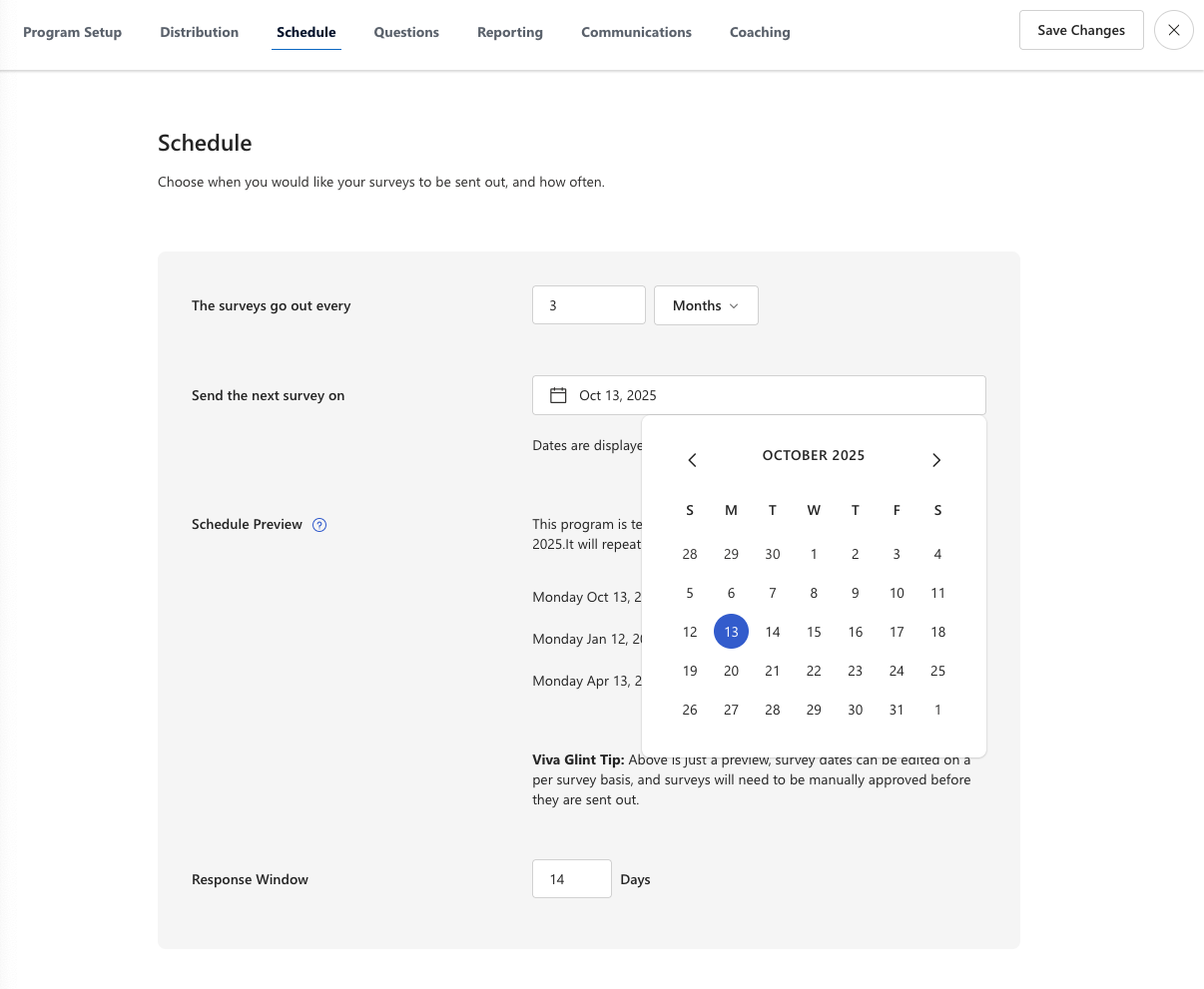 Screenshot of the Viva Glint survey Schedule page that lets admins choose things like survey launch date.