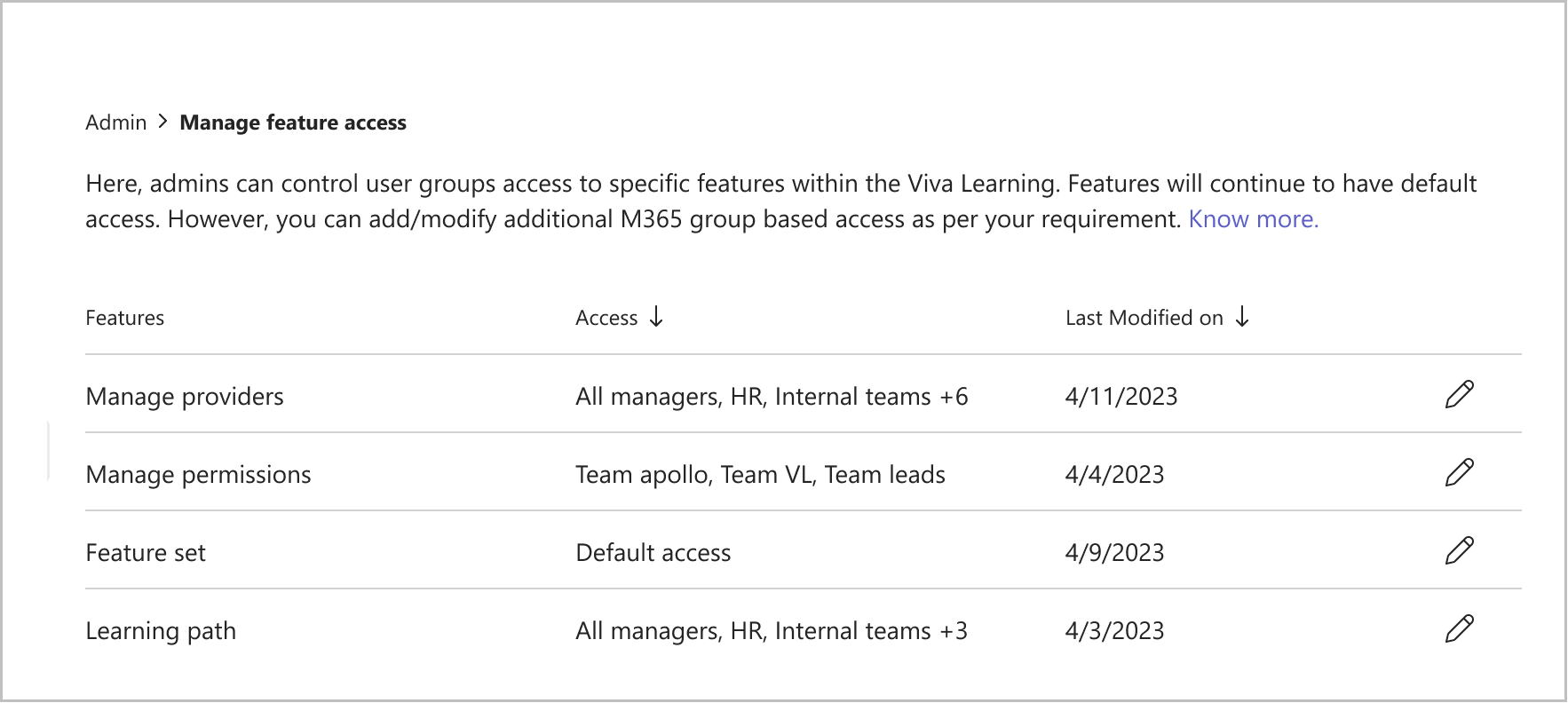Image of the Viva Learning admin option for managing feature access