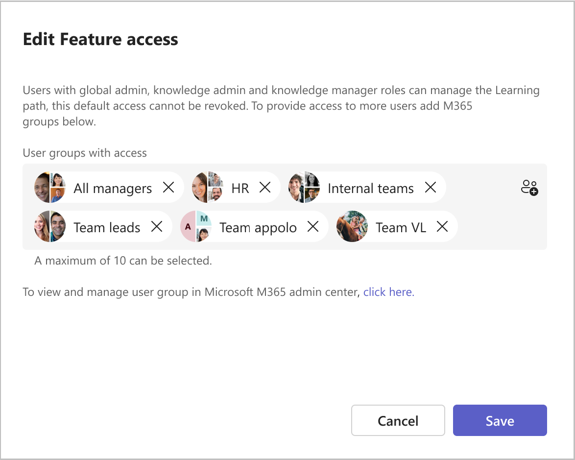 Image of the Edit Feature access window where admins can add user groups with access