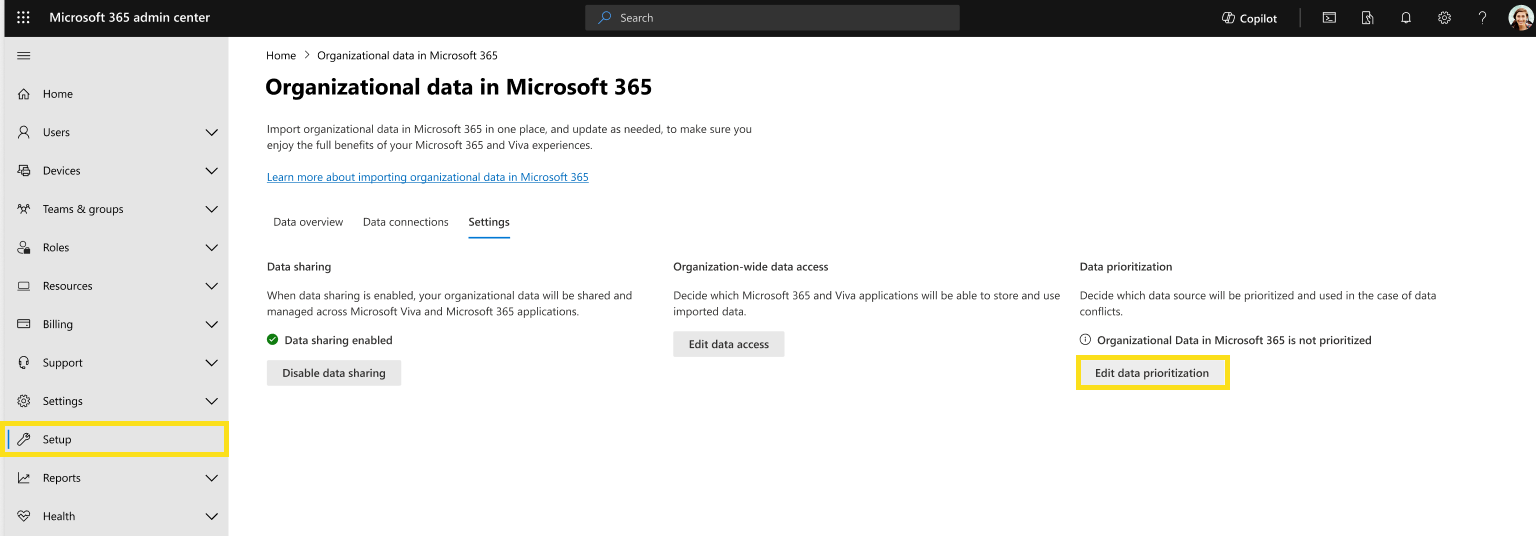 A screenshot shows how to prioritize organizational data on the Settings page.