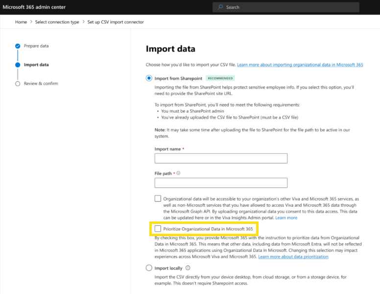 A screenshot shows how to prioritize organizational data during the data upload process.