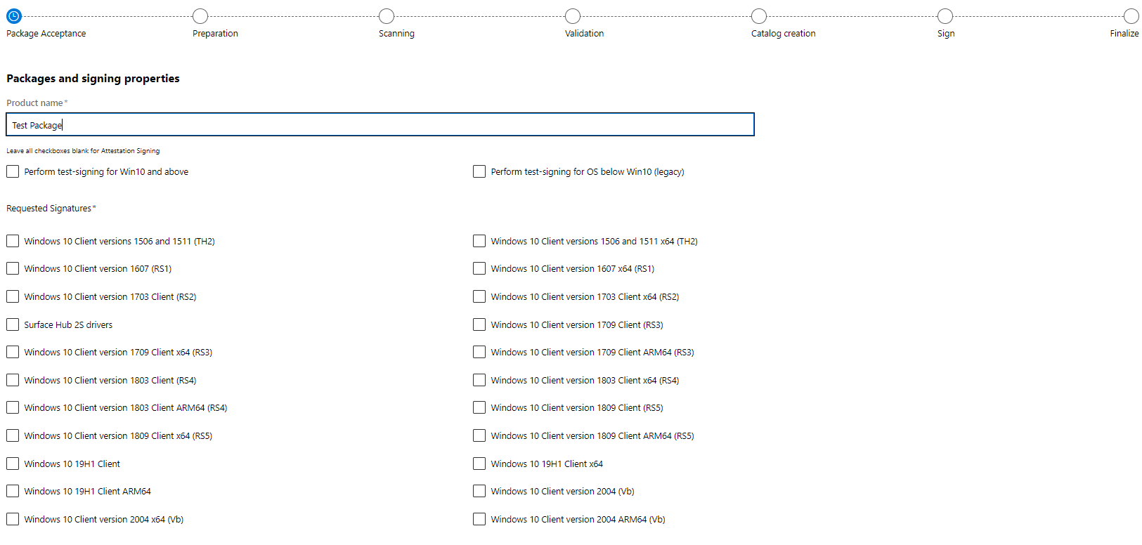 Screenshot showing the options for submitting the Echo driver for signing.