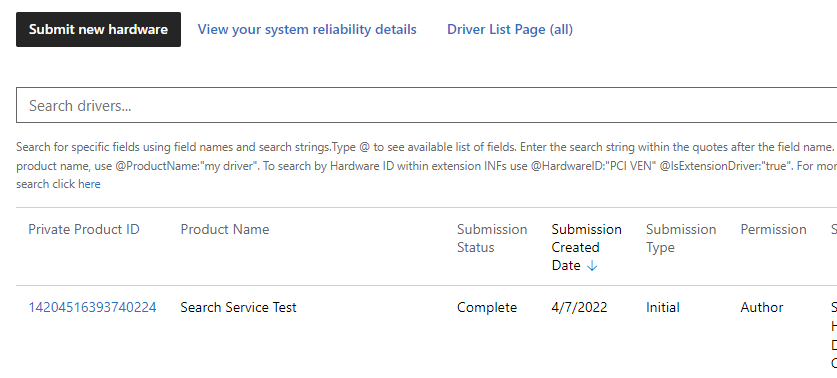 Screenshot of the list of hardware submissions.