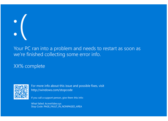 Screenshot of a Windows 10 screen displaying a bug check with a QR code.