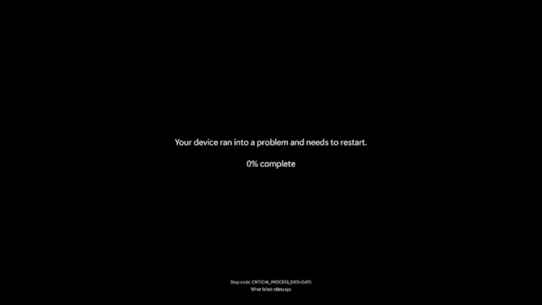 Screenshot showing that the device encountered a problem and needs to restart.
