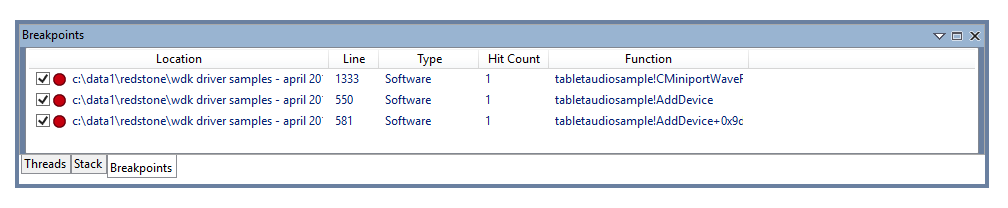 Screenshot of the Breakpoint window in WinDbg debugger showing current breakpoints.