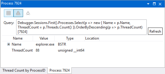 Screenshot of the Data model explore window presenting two tabs with custom titles in WinDbg.