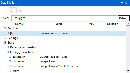 Screenshot of the data model window in WinDbg debugger with expandable and browsable features.