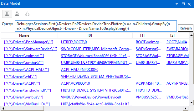 Screenshot of the Data model explore window presenting plug and play device tree in grid view in WinDbg.