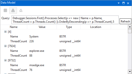 Screenshot of the Data model explore window displaying processes and threads in WinDbg.
